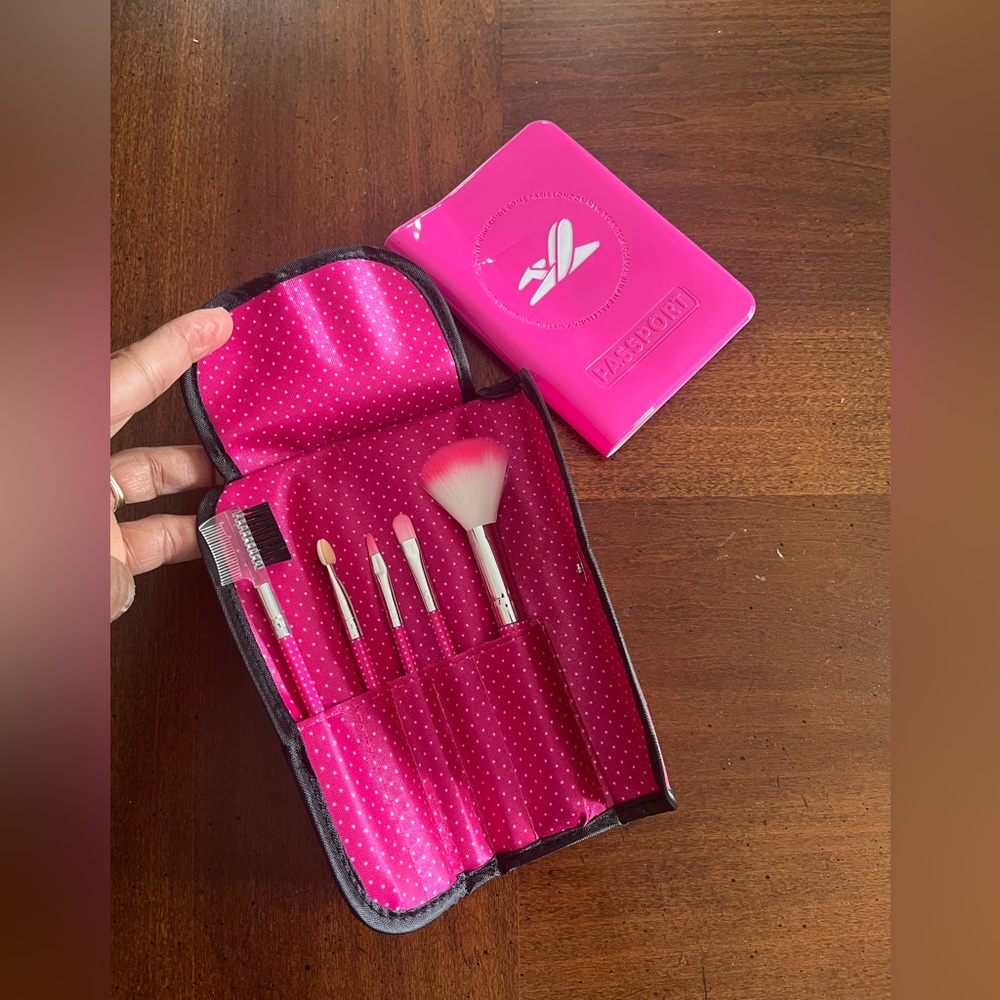 Girls Hot Pink Travel Makeup Brush Set with Case & Passport Holder